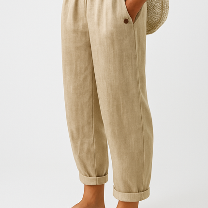 Women's Tapered Linen Trousers with Cuffed Hem and Button Detail
