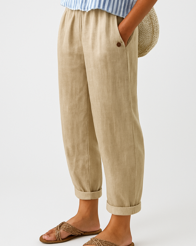 Women's Tapered Linen Trousers with Cuffed Hem and Button Detail