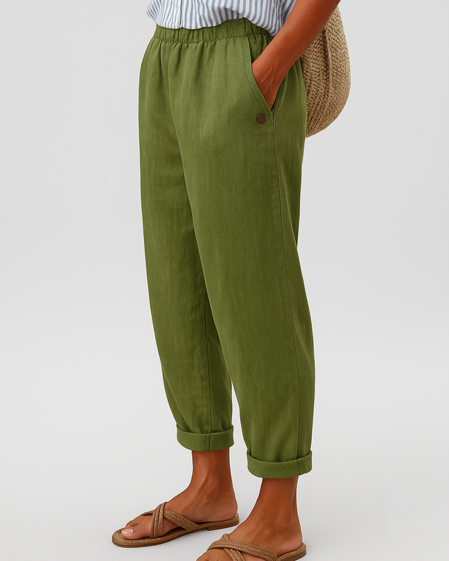 Women's Tapered Linen Trousers with Cuffed Hem and Button Detail
