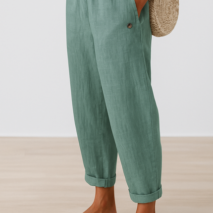 Women's Tapered Linen Trousers with Cuffed Hem and Button Detail
