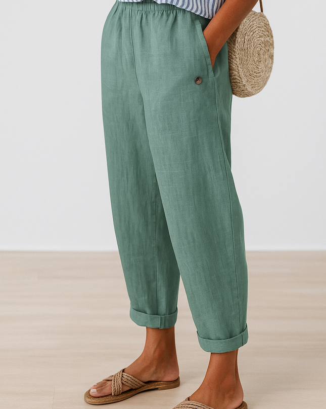Women's Tapered Linen Trousers with Cuffed Hem and Button Detail
