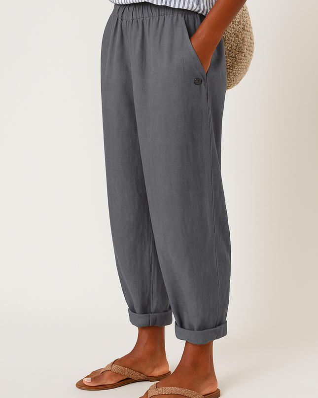 Women's Tapered Linen Trousers with Cuffed Hem and Button Detail