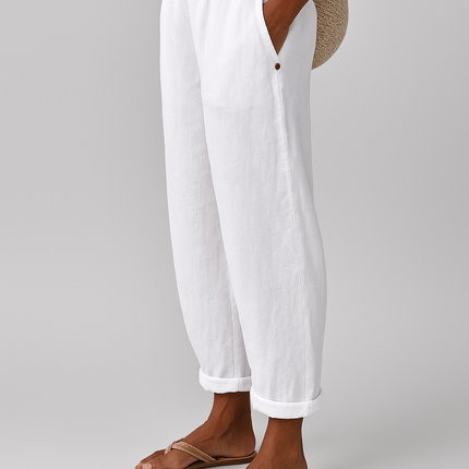 Women's Tapered Linen Trousers with Cuffed Hem and Button Detail