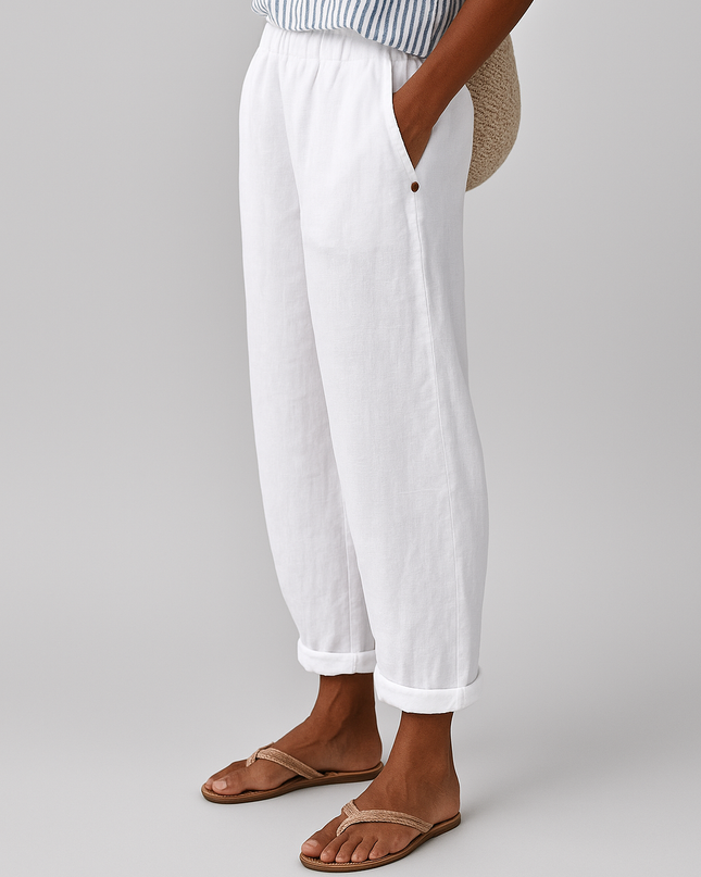 Women's Tapered Linen Trousers with Cuffed Hem and Button Detail