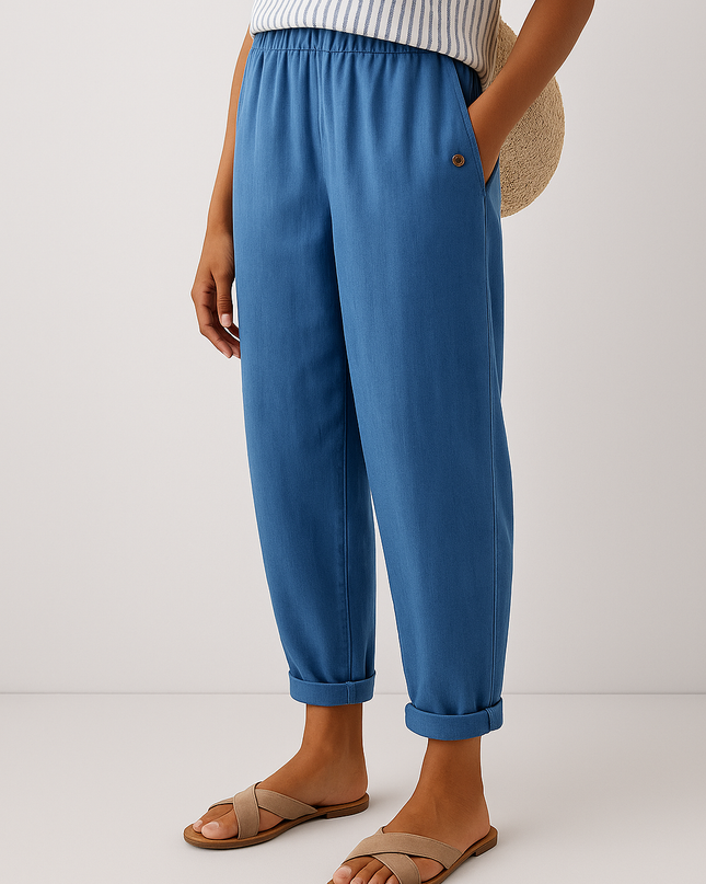 Women's Tapered Linen Trousers with Cuffed Hem and Button Detail