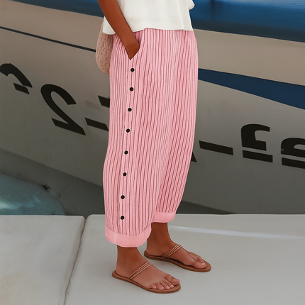 Women's Striped Cropped Trousers with Side Button Trim