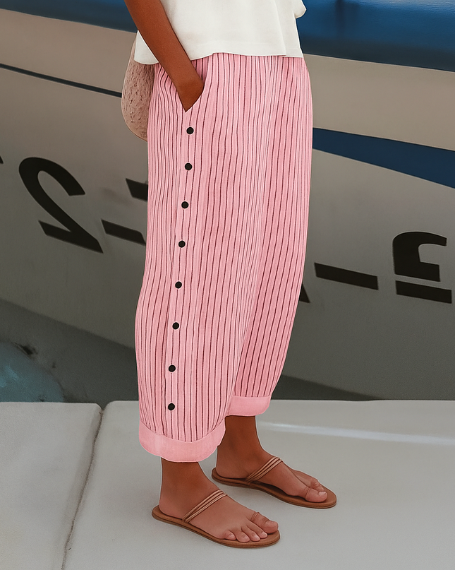 Women's Striped Cropped Trousers with Side Button Trim