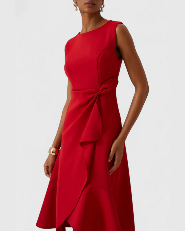 Women's Sleeveless Midi Dress with Side Knot and Ruffle Hem