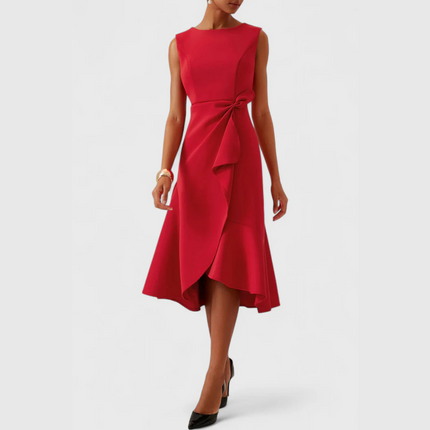 Women's Sleeveless Midi Dress with Side Knot and Ruffle Hem