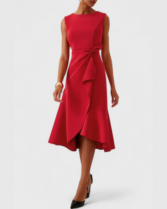 Women's Sleeveless Midi Dress with Side Knot and Ruffle Hem