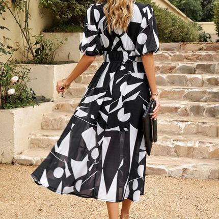 Women's Abstract Floral Print Midi Dress with Elasticated Waist