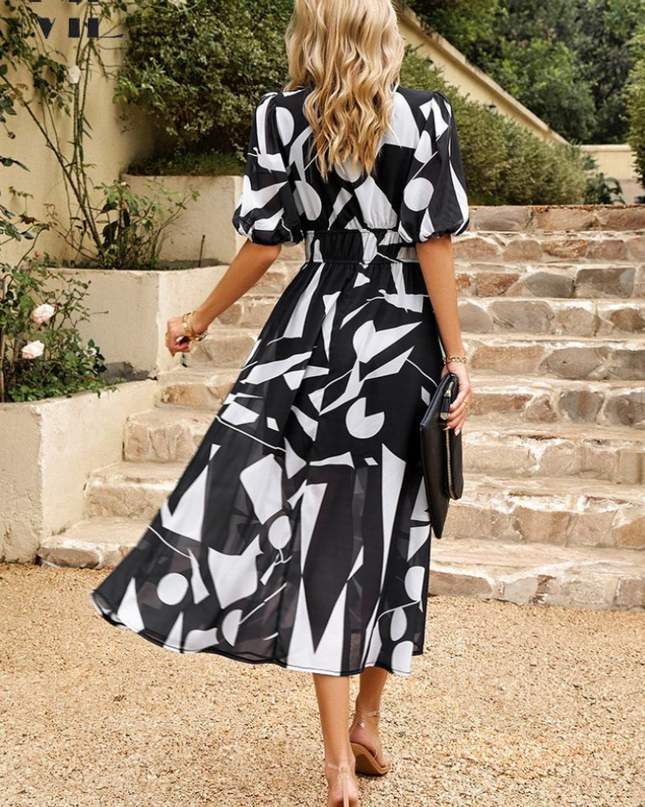 Women's Abstract Floral Print Midi Dress with Elasticated Waist