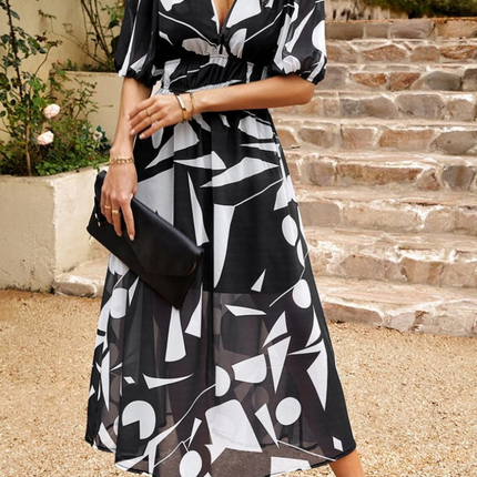 Women's Abstract Floral Print Midi Dress with Elasticated Waist