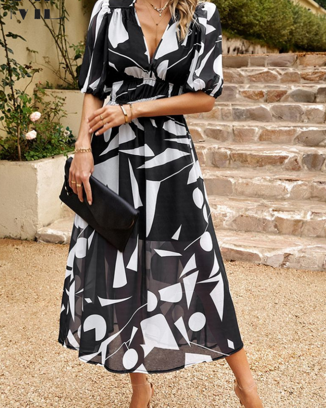 Women's Abstract Floral Print Midi Dress with Elasticated Waist