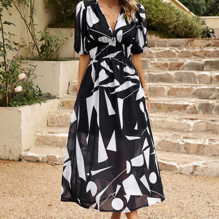 Women's Abstract Floral Print Midi Dress with Elasticated Waist