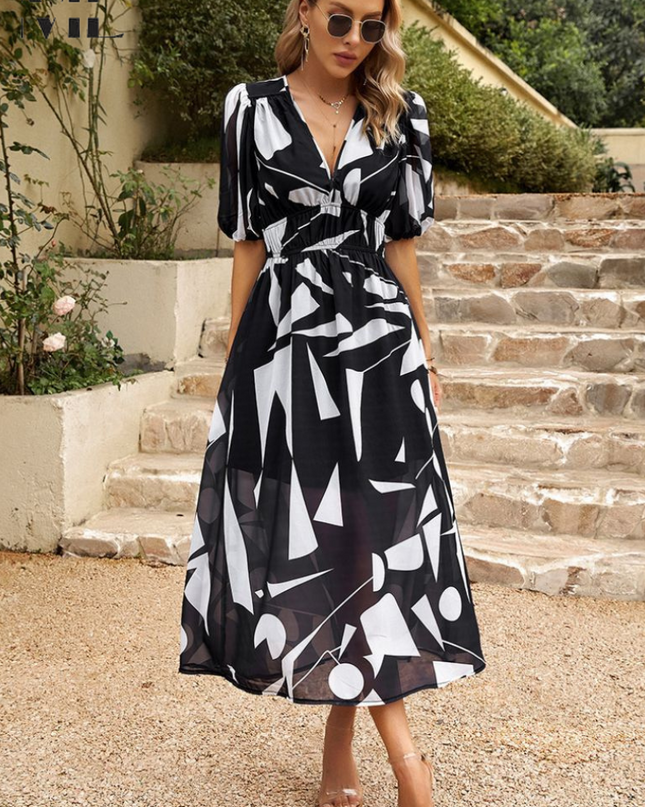 Women's Abstract Floral Print Midi Dress with Elasticated Waist