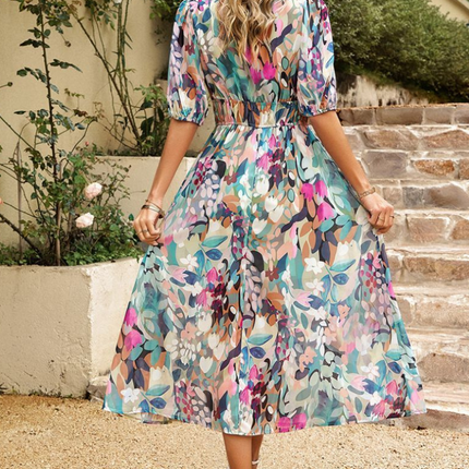 Women's Abstract Floral Print Midi Dress with Elasticated Waist