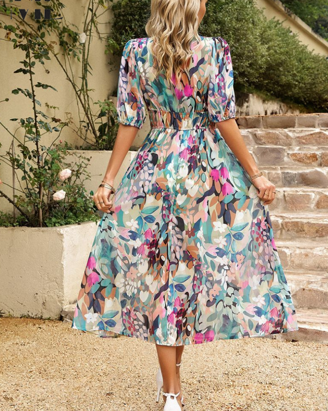 Women's Abstract Floral Print Midi Dress with Elasticated Waist