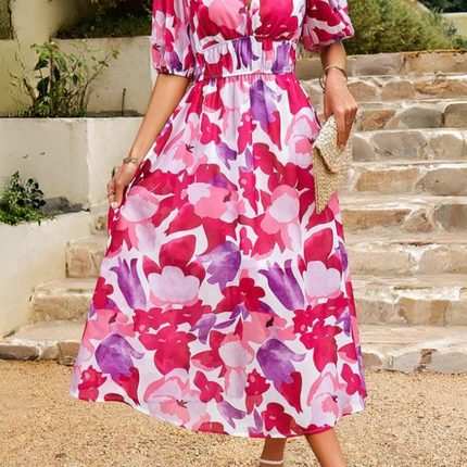 Women's Abstract Floral Print Midi Dress with Elasticated Waist