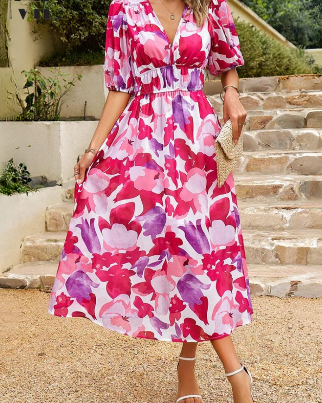 Women's Abstract Floral Print Midi Dress with Elasticated Waist