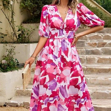 Women's Abstract Floral Print Midi Dress with Elasticated Waist