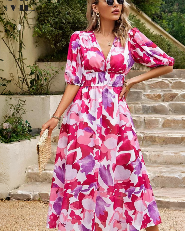Women's Abstract Floral Print Midi Dress with Elasticated Waist