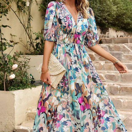 Women's Abstract Floral Print Midi Dress with Elasticated Waist