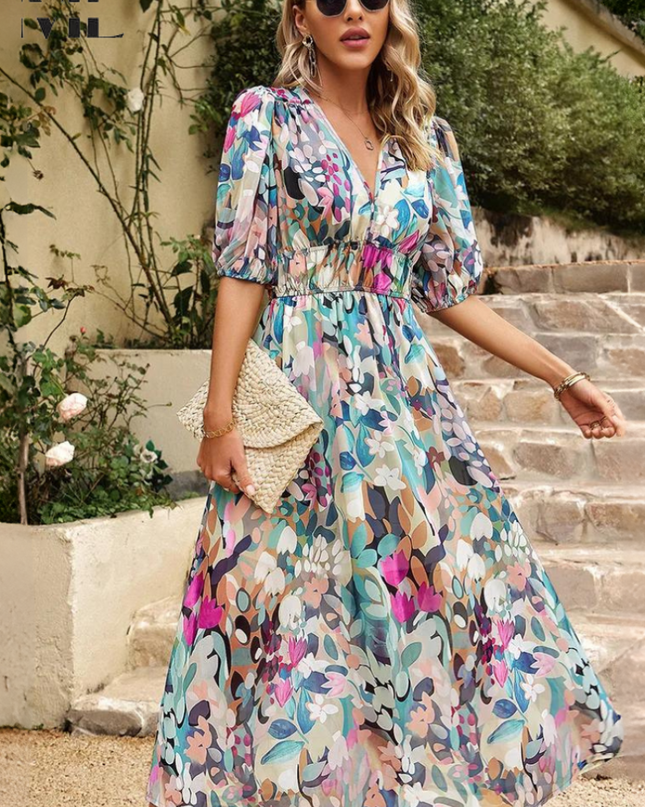 Women's Abstract Floral Print Midi Dress with Elasticated Waist