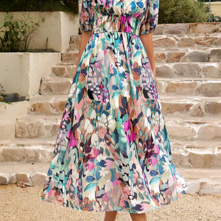 Women's Abstract Floral Print Midi Dress with Elasticated Waist