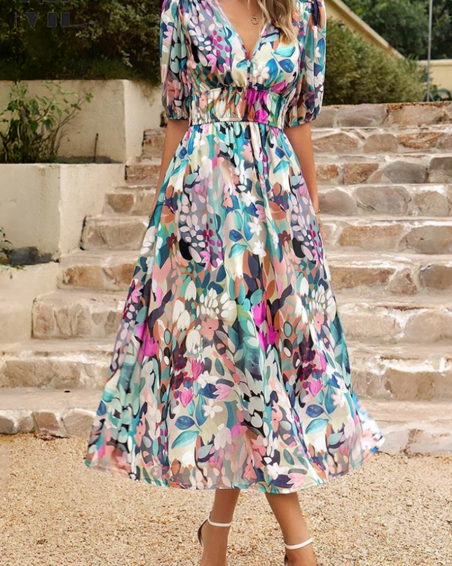 Women's Abstract Floral Print Midi Dress with Elasticated Waist