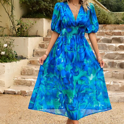 Women's Abstract Floral Print Midi Dress with Elasticated Waist