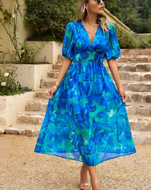 Women's Abstract Floral Print Midi Dress with Elasticated Waist