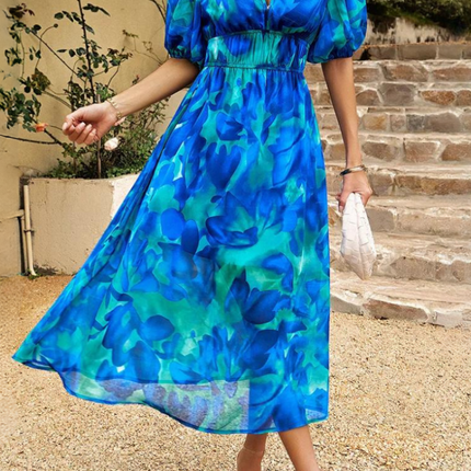 Women's Abstract Floral Print Midi Dress with Elasticated Waist