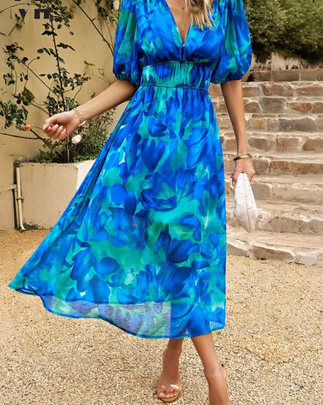 Women's Abstract Floral Print Midi Dress with Elasticated Waist