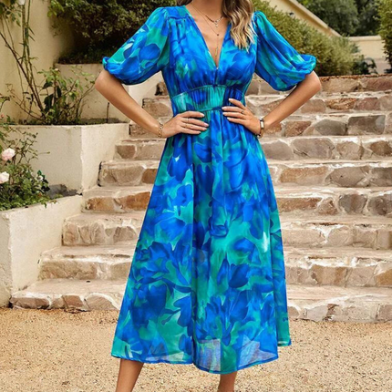 Women's Abstract Floral Print Midi Dress with Elasticated Waist