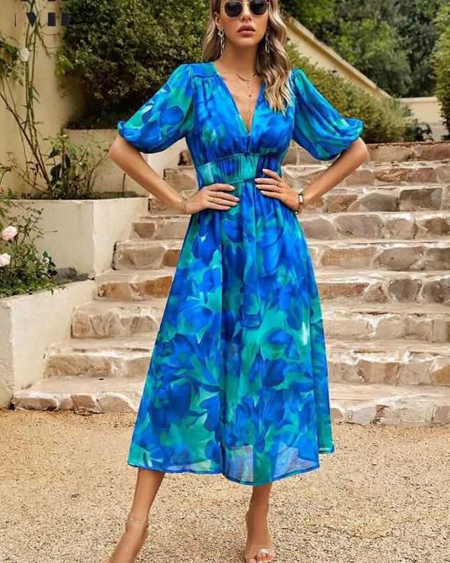 Women's Abstract Floral Print Midi Dress with Elasticated Waist