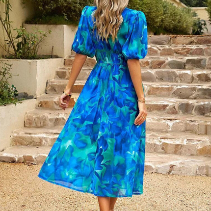 Women's Abstract Floral Print Midi Dress with Elasticated Waist