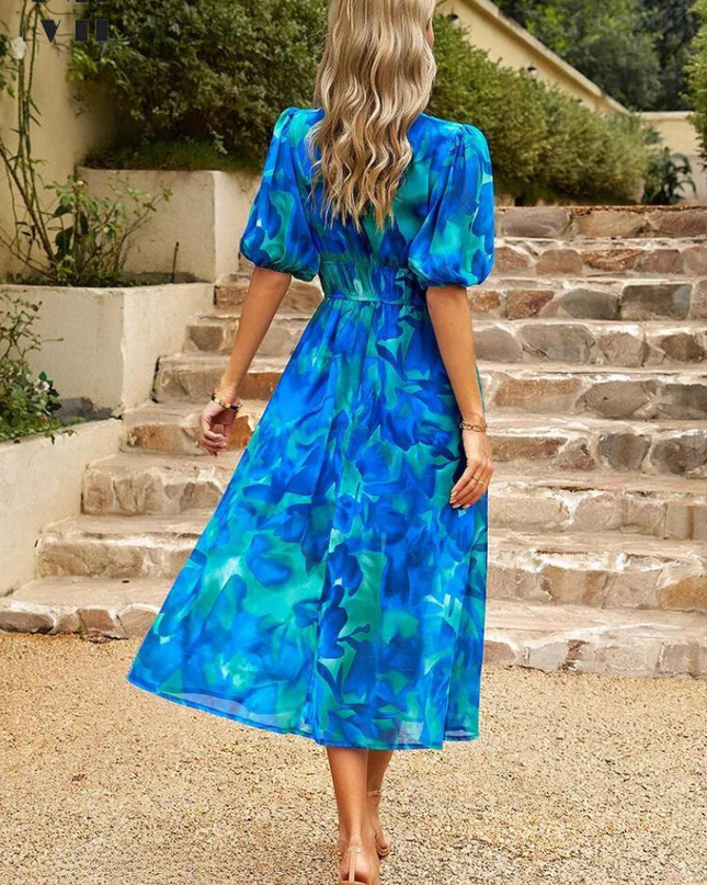Women's Abstract Floral Print Midi Dress with Elasticated Waist