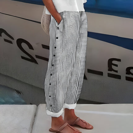 Women's Striped Cropped Trousers with Side Button Trim
