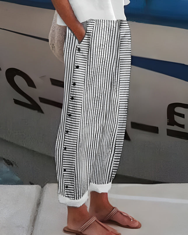 Women's Striped Cropped Trousers with Side Button Trim