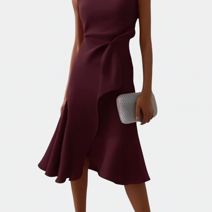 Women's Sleeveless Midi Dress with Side Knot and Ruffle Hem