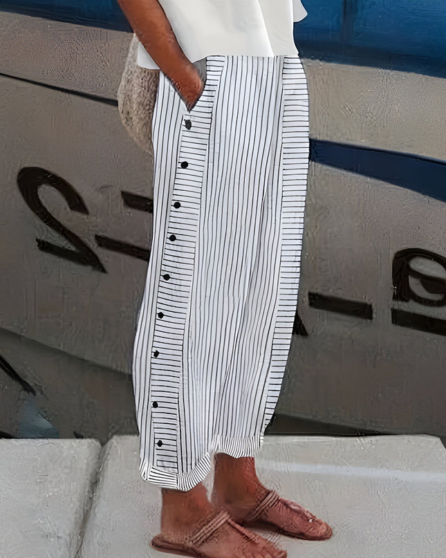 Women's Striped Cropped Trousers with Side Button Trim